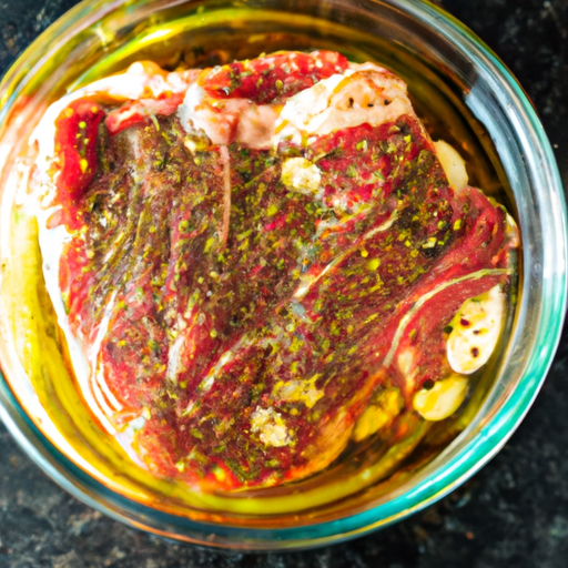 A raw steak marinating in a mixture of olive oil, garlic, and herbs